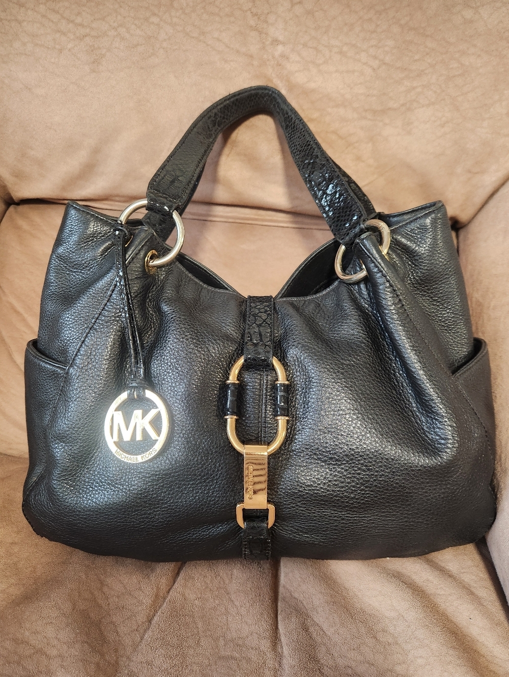 Michael Kors Black Pebbled Leather Shoulder Bag with Gold Accents